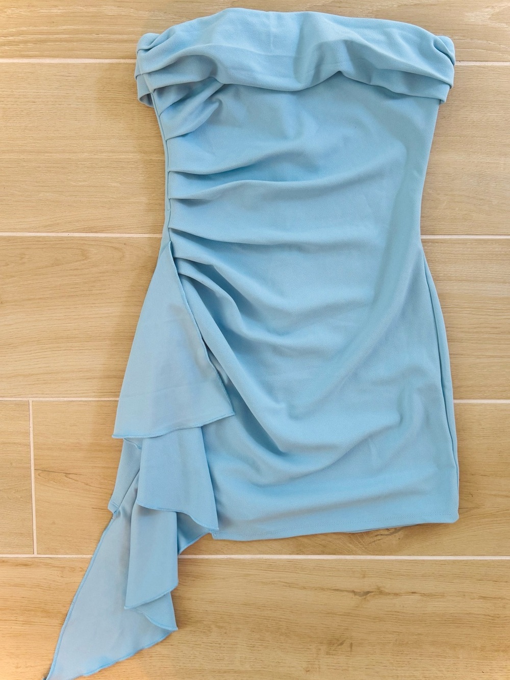 Lucy in the Sky Strapless Light Blue Ruffle Mini Dress